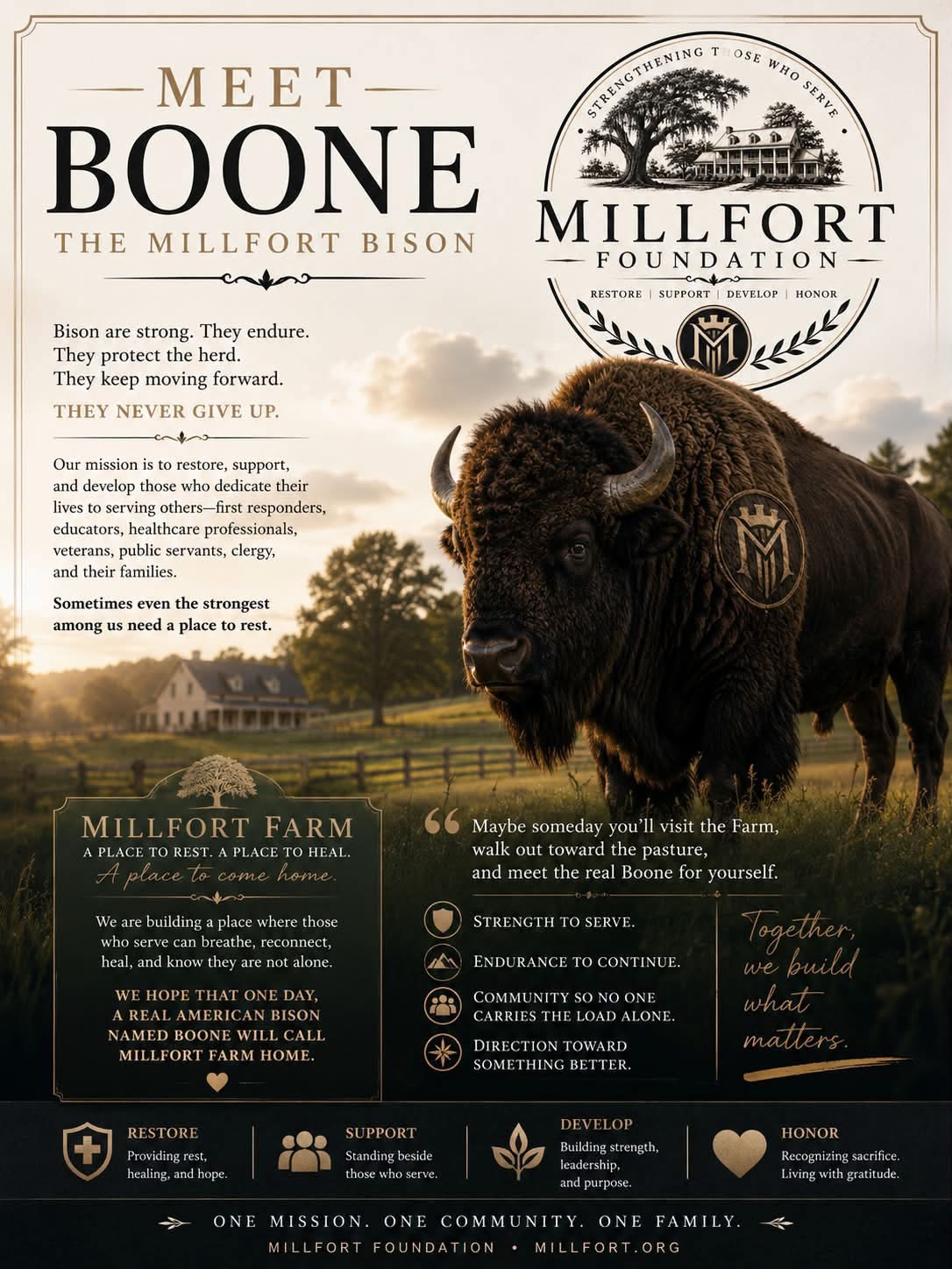 Meet Boone, the Millfort bison, representing strength, endurance, protection, and perseverance