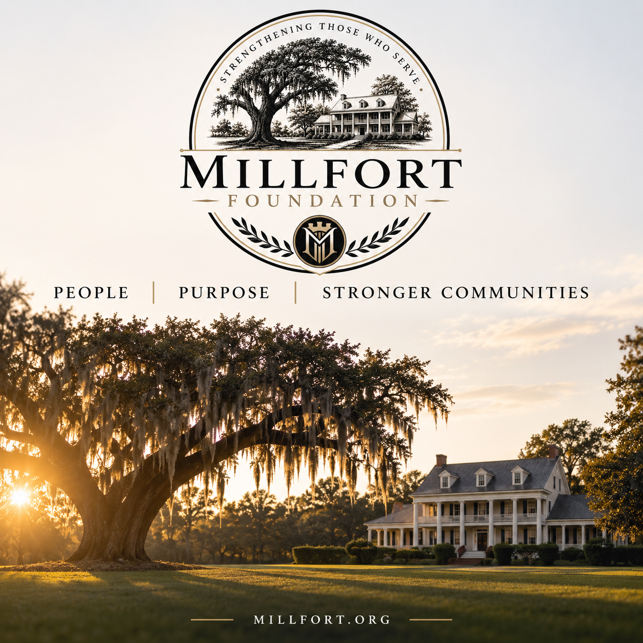 Concept artwork for Millfort Farm, with a large oak tree and farmhouse at sunset