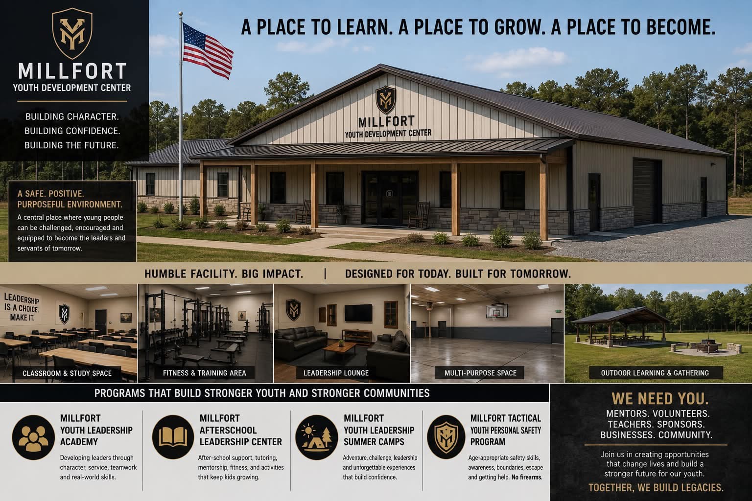 Vision for the Millfort Youth Development Center, including learning, fitness, leadership, gathering, and youth-development spaces